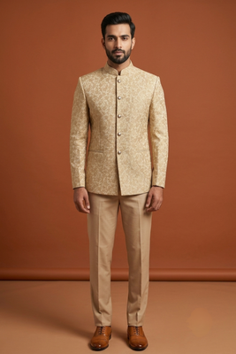 Golden thread work bandhgala on jacquard fabric 2