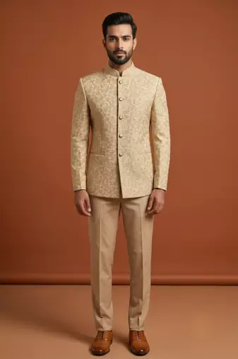 Golden thread work bandhgala on jacquard fabric