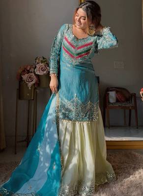 Women's Beautiful Embroidery Work Satin Silk Fabric Straight Kurta Gharara and Dupatta Set 5