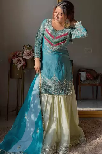 Women's Beautiful Embroidery Work Satin Silk Fabric Straight Kurta Gharara and Dupatta Set