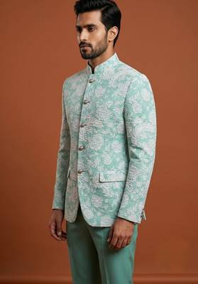 Turquoise thread work bandhgala on jacquard 3