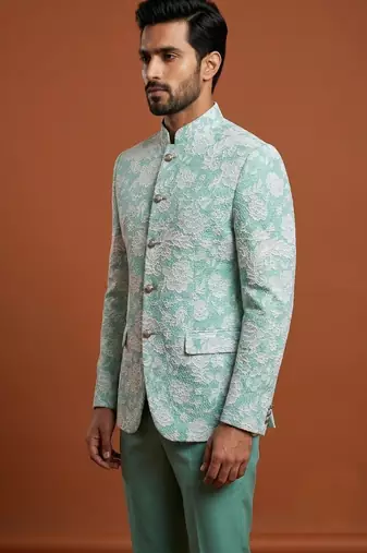 Turquoise thread work bandhgala on jacquard