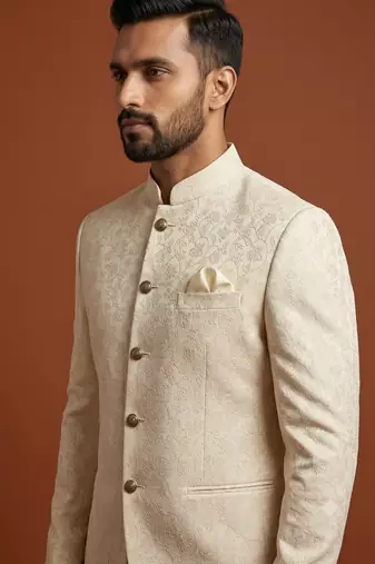 Ivory thread work bandhgala on jacquard fabric