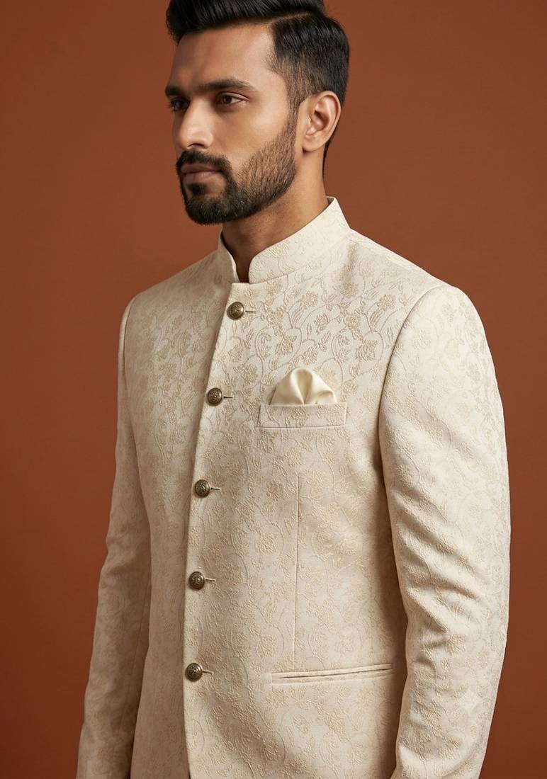 Ivory thread work bandhgala on jacquard fabric