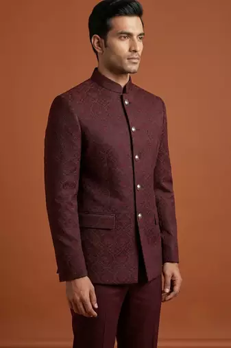 Maroon thread work bandhgala on jacquard