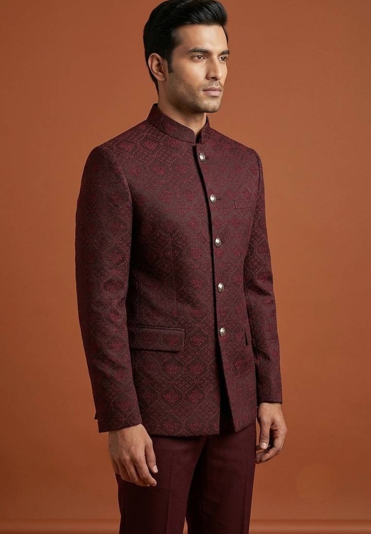 Maroon thread work bandhgala on jacquard