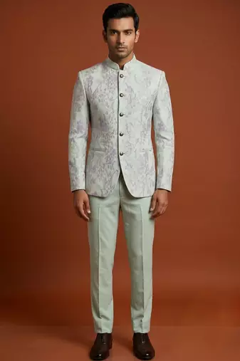 Light green bandhgala on embossed fabric