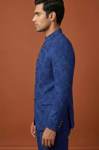 Blue bandhgala with thread work on jacquard