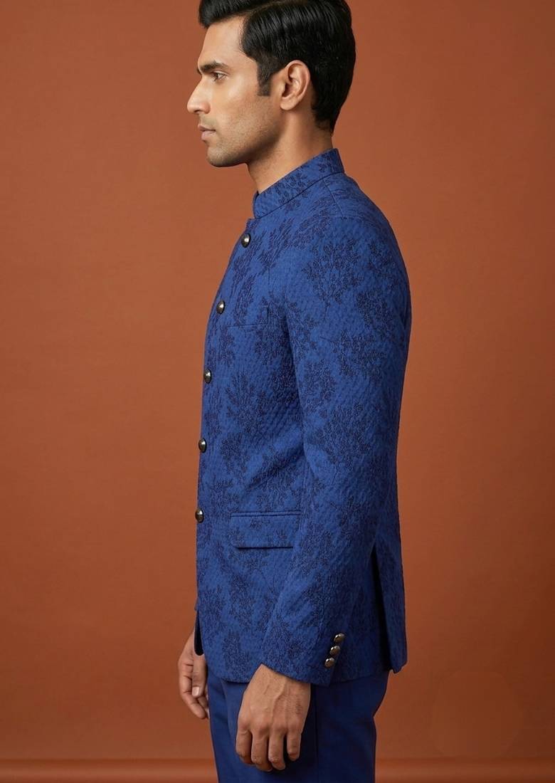 Blue bandhgala with thread work on jacquard