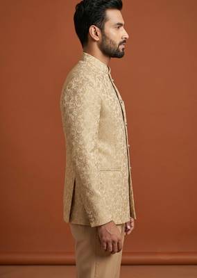 Golden thread work bandhgala on jacquard fabric 3