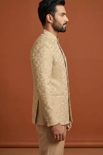 Golden thread work bandhgala on jacquard fabric