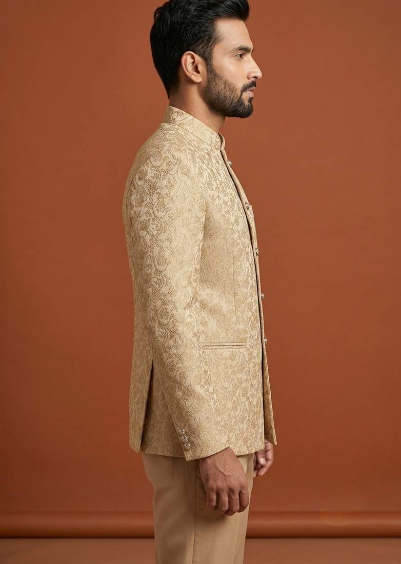 Golden thread work bandhgala on jacquard fabric