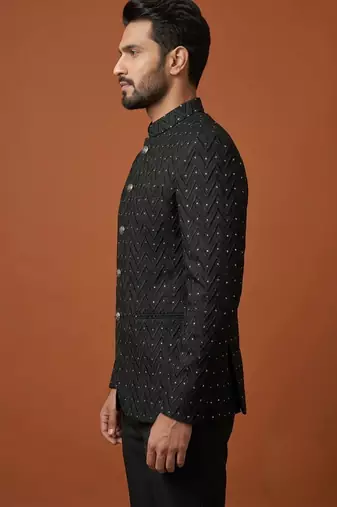 Black thread work bandhgala on jacquard