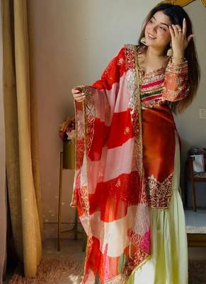 Embroidery Satin Silk Fabric Straight Kurta Gharara and Dupatta Set 1