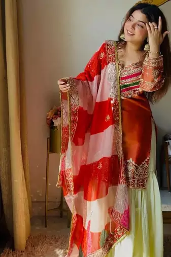 Embroidery Satin Silk Fabric Straight Kurta Gharara and Dupatta Set
