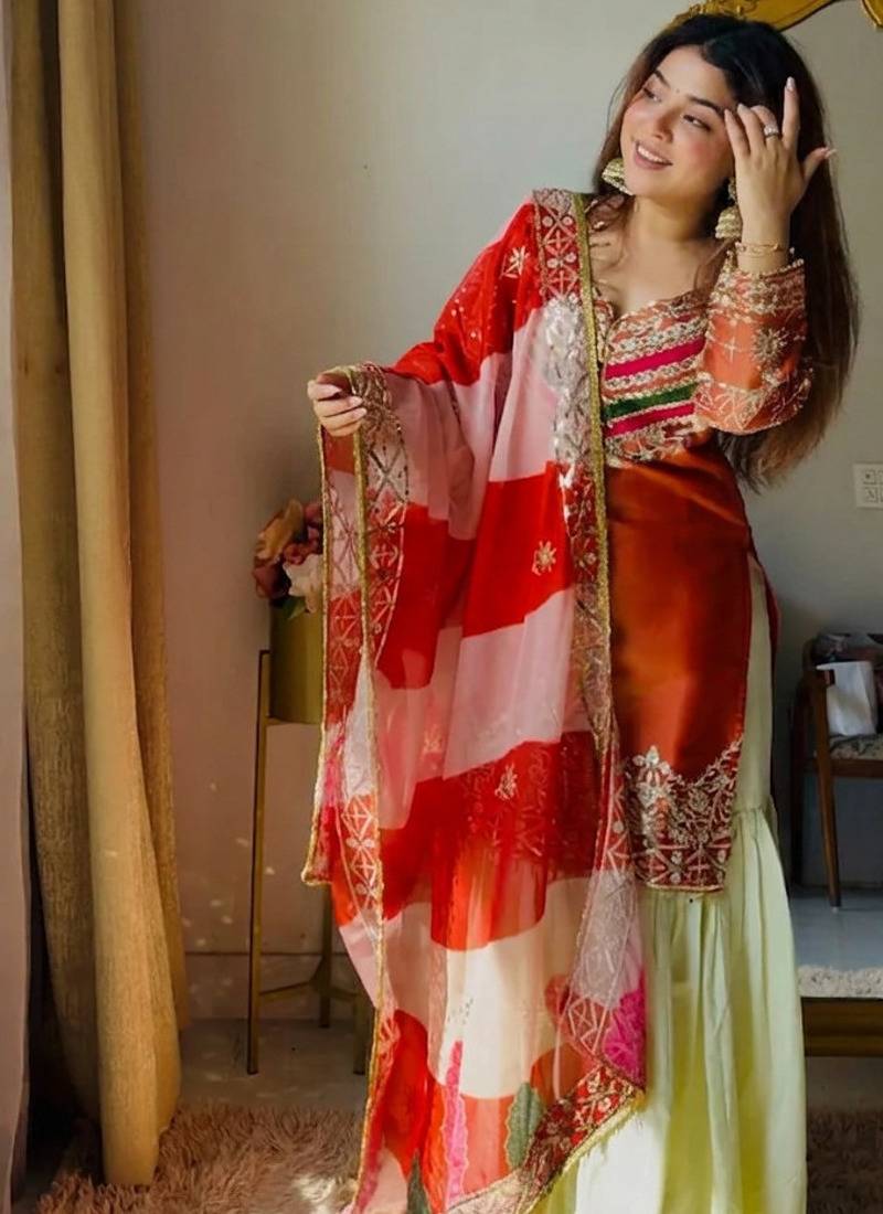 Embroidery Satin Silk Fabric Straight Kurta Gharara and Dupatta Set