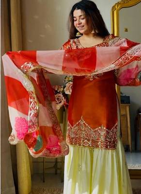 Embroidery Satin Silk Fabric Straight Kurta Gharara and Dupatta Set 2