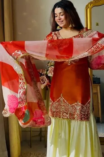 Embroidery Satin Silk Fabric Straight Kurta Gharara and Dupatta Set