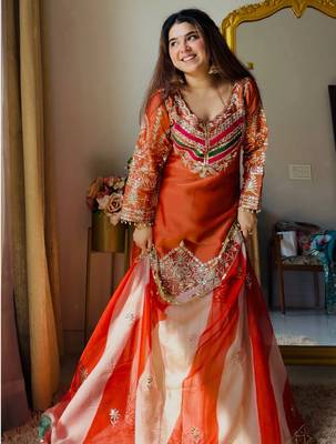 Embroidery Satin Silk Fabric Straight Kurta Gharara and Dupatta Set 4