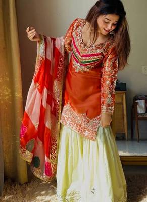 Embroidery Satin Silk Fabric Straight Kurta Gharara and Dupatta Set 5