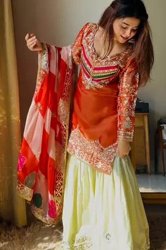 Embroidery Satin Silk Fabric Straight Kurta Gharara and Dupatta Set