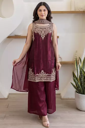 Women's Beautiful Embroidery Work Fandy Satin Fabric Straight Kurta Palazzo and Dupatta Set