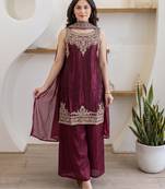Women's Beautiful Embroidery Work Fandy Satin Fabric Straight Kurta Palazzo and Dupatta Set