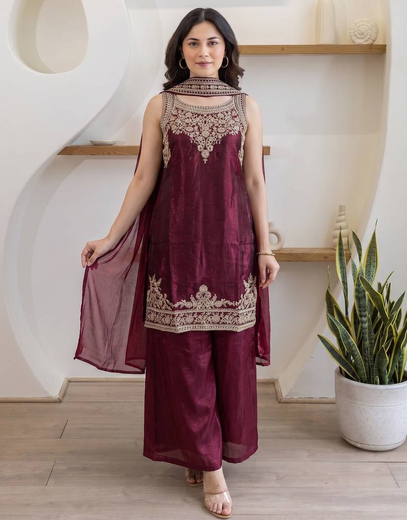 Women's Beautiful Embroidery Work Fandy Satin Fabric Straight Kurta Palazzo and Dupatta Set