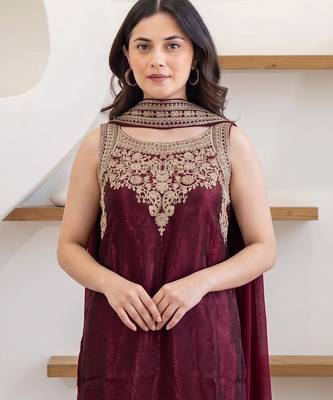 Women's Beautiful Embroidery Work Fandy Satin Fabric Straight Kurta Palazzo and Dupatta Set 2