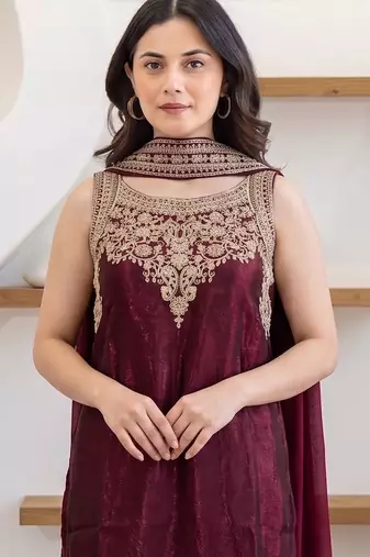 Women's Beautiful Embroidery Work Fandy Satin Fabric Straight Kurta Palazzo and Dupatta Set