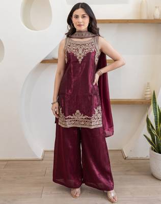 Women's Beautiful Embroidery Work Fandy Satin Fabric Straight Kurta Palazzo and Dupatta Set 3
