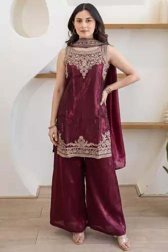 Women's Beautiful Embroidery Work Fandy Satin Fabric Straight Kurta Palazzo and Dupatta Set