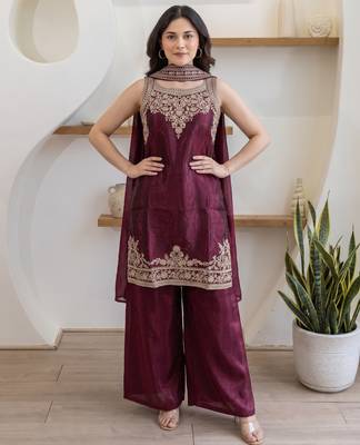 Women's Beautiful Embroidery Work Fandy Satin Fabric Straight Kurta Palazzo and Dupatta Set 5