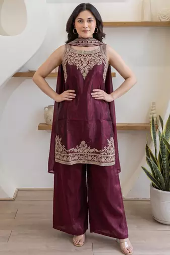 Women's Beautiful Embroidery Work Fandy Satin Fabric Straight Kurta Palazzo and Dupatta Set