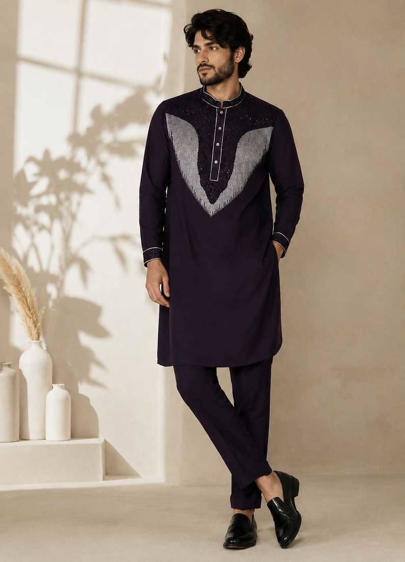 Wine premium embroidered lachka kurta pant set