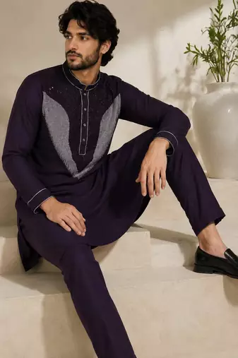 Wine premium embroidered lachka kurta pant set