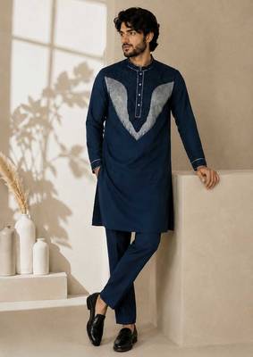 Teal blue premium embroidered lachka kurta pant set 1