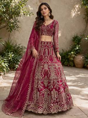 Rani Pink Embroidery Sequins with Can-Can Net Lehenga Choli Set 1