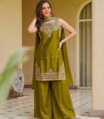 Embroidery Fandy Satin Fabric Straight Kurta Palazzo and Dupatta Set
