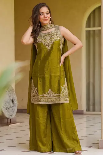 Embroidery Fandy Satin Fabric Straight Kurta Palazzo and Dupatta Set