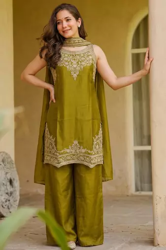 Embroidery Fandy Satin Fabric Straight Kurta Palazzo and Dupatta Set