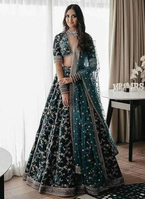 Turquoise Green Heavy Velvet Cording Embroidery Designer Lehenga Choli Set 1