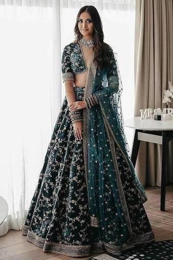Turquoise Green Heavy Velvet Cording Embroidery Designer Lehenga Choli Set