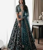 Turquoise Green Heavy Velvet Cording Embroidery Designer Lehenga Choli Set