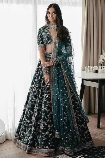 Turquoise Green Heavy Velvet Cording Embroidery Designer Lehenga Choli Set
