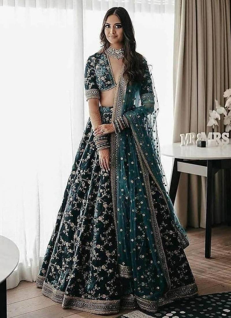 Turquoise Green Heavy Velvet Cording Embroidery Designer Lehenga Choli Set