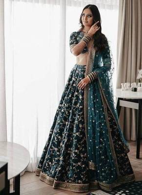 Turquoise Green Heavy Velvet Cording Embroidery Designer Lehenga Choli Set 3