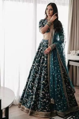 Turquoise Green Heavy Velvet Cording Embroidery Designer Lehenga Choli Set