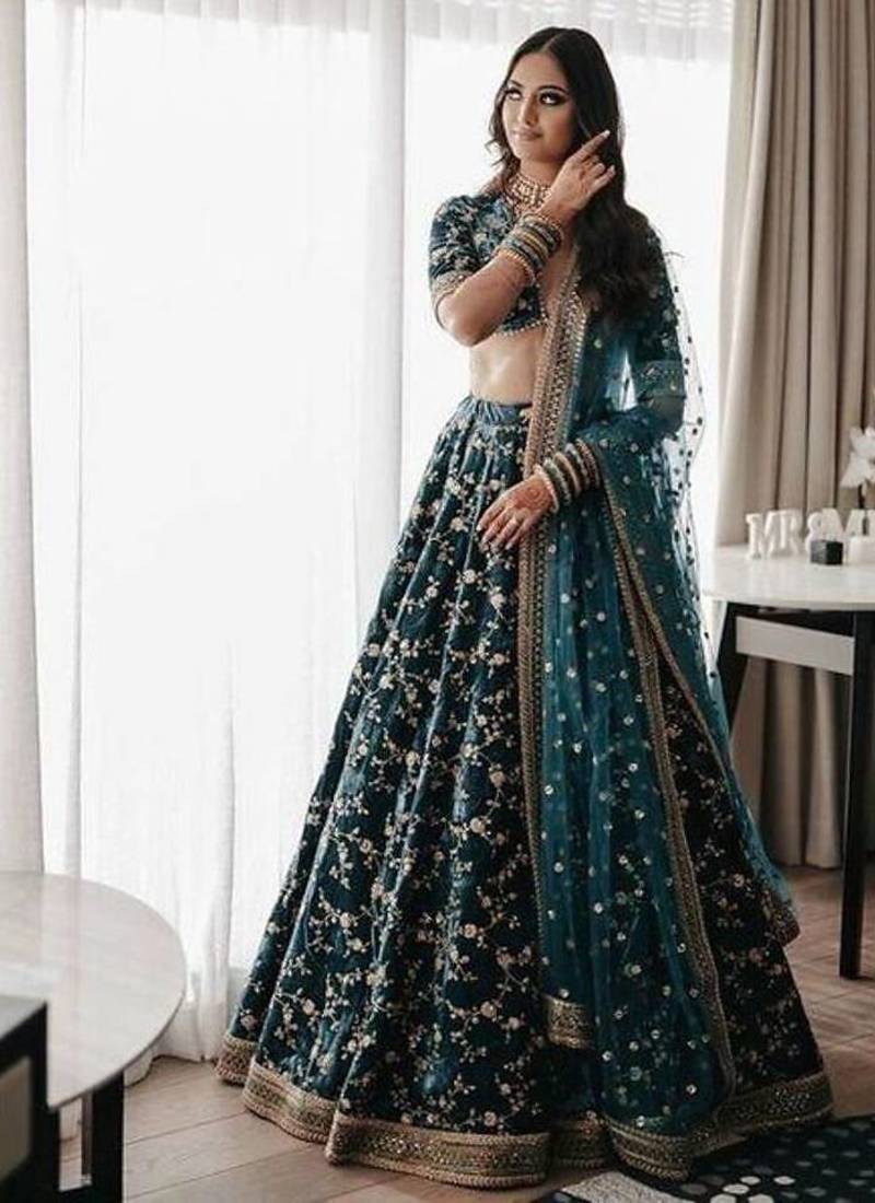 Turquoise Green Heavy Velvet Cording Embroidery Designer Lehenga Choli Set