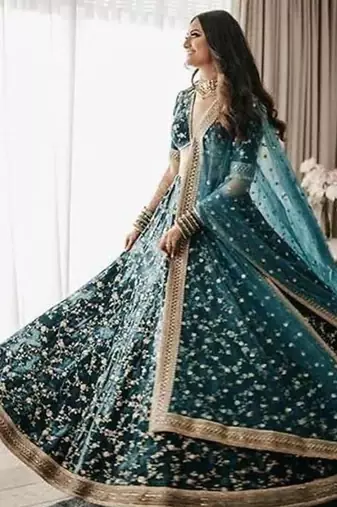 Turquoise Green Heavy Velvet Cording Embroidery Designer Lehenga Choli Set